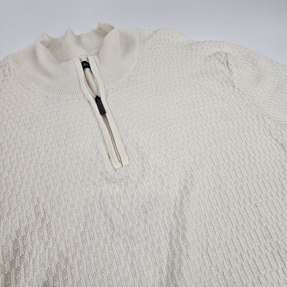 Perry Ellis Mens XL Quarter Zip Sweater Cream Cotton Modal Textured Knit Pullove